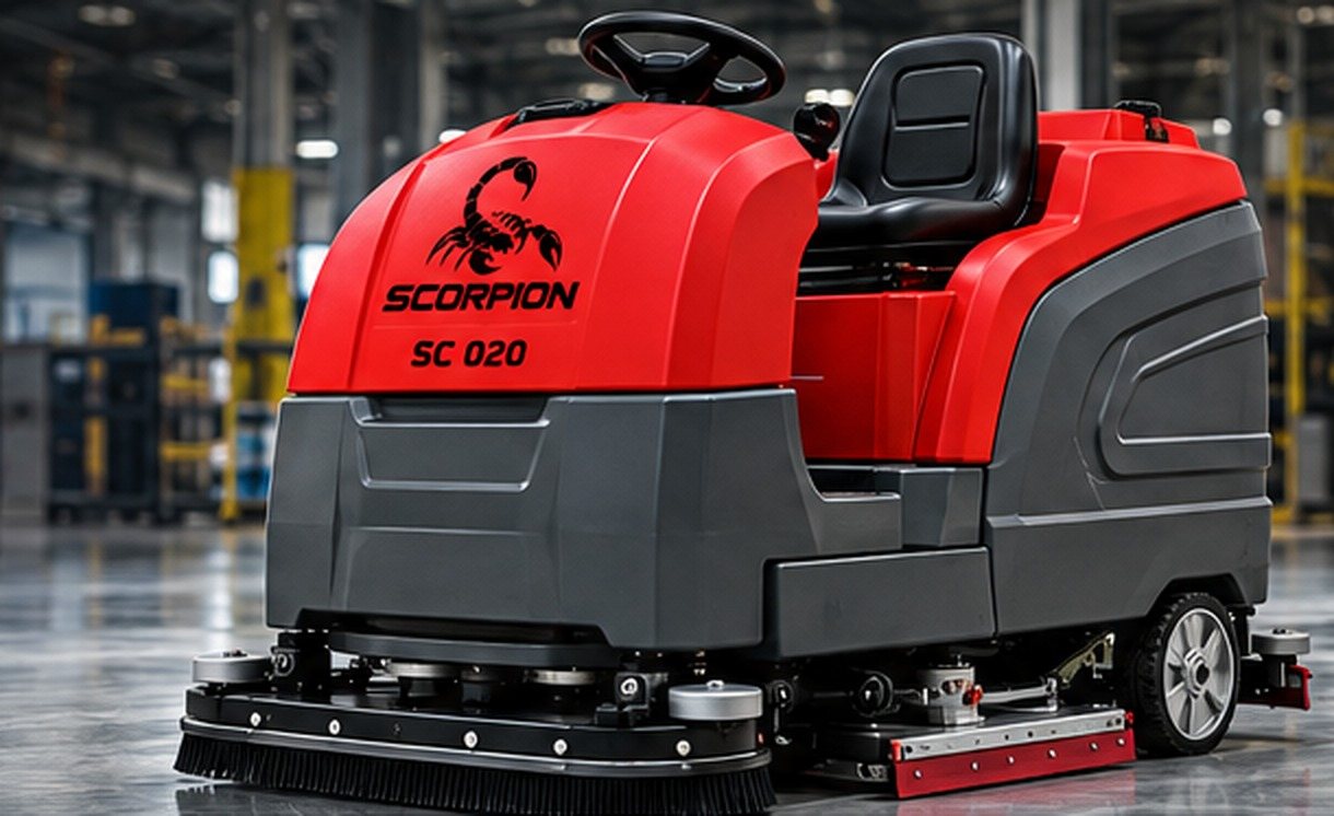 Scorpion SC 020 ride-on floor scrubber in a warehouse